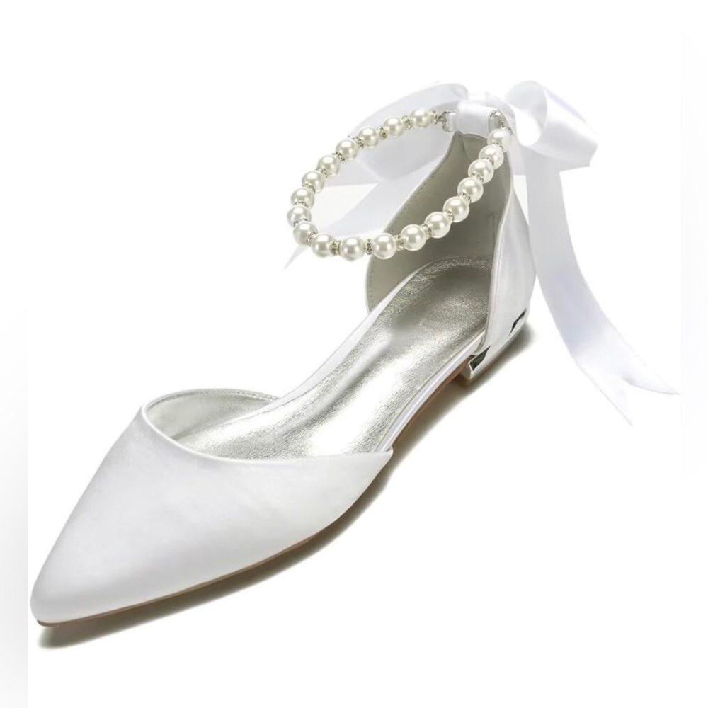 Women Satin Pearls Wedding Flats Shoes for Bride sz 36